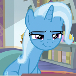 Size: 573x571 | Tagged: safe, screencap, trixie, pony, unicorn, a horse shoe-in, g4, cropped, female, mare, narrowed eyes, smiling, smirk, solo