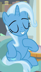 Size: 289x511 | Tagged: safe, screencap, trixie, pony, unicorn, a horse shoe-in, g4, cropped, eyes closed, female, hoof on chest, hoof on hip, mare, proud, sitting, smiling, smug, solo