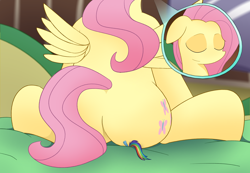 Size: 2578x1786 | Tagged: safe, fluttershy, rainbow dash, pegasus, pony, g4, butt, butt crush, duo, female, flutterbutt, giantess, macro, micro, plot, sitting on person, sitting on pony, size difference, sleeping, squished, squishy