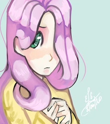 Size: 1280x1451 | Tagged: safe, artist:pingukasane, fluttershy, human, g4, bust, female, hair over one eye, hands together, humanized, looking at you, portrait, solo, three quarter view
