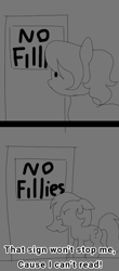 Size: 439x1000 | Tagged: safe, artist:anonymous, oc, oc only, oc:filly anon, earth pony, pony, 4chan, arthur, caption, drawthread, female, filly, illiterate, meme, monochrome, ponified, ponified meme, solo, text