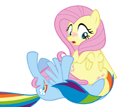 Size: 526x455 | Tagged: safe, fluttershy, rainbow dash, pegasus, pony, g4, blushing, crash, duo, faceful of ass, facesitting, female, mare, rainbowseat