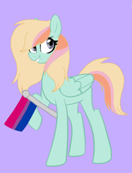 Size: 1660x2180 | Tagged: safe, artist:circuspaparazzi5678, oc, oc only, oc:rainboom, pegasus, pony, base used, bisexual pride flag, female, magical lesbian spawn, next generation, offspring, parent:fluttershy, parent:rainbow dash, parents:flutterdash, pride, pride flag, pride month, purple background, simple background, solo