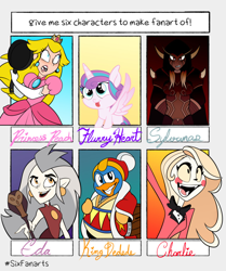 Size: 640x764 | Tagged: safe, artist:raven-shepherd, princess flurry heart, alicorn, bird, demon, human, humanoid, owl, penguin, pony, undead, anthro, g4, :d, :p, anthro with ponies, bust, charlie morningstar, clothes, crossover, crown, dress, ear piercing, earring, edalyn clawthorne, evening gloves, female, frying pan, gem, gloves, gold tooth, grin, hat, hazbin hotel, hellaverse, hellborn, jewelry, king dedede, kirby (series), long gloves, male, out of frame, owlbert, palisman, piercing, princess, princess of hell, princess peach, regalia, six fanarts, smiling, staff, super mario bros., sylvanas windrunner, that's entertainment, the owl house, tongue out, warcraft, witch, world of warcraft