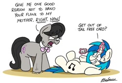 Size: 1024x702 | Tagged: safe, artist:bobthedalek, dj pon-3, octavia melody, vinyl scratch, earth pony, pony, unicorn, g4, abuse, angry, card, cross-popping veins, female, glowing horn, horn, magic, mare, moments before disaster, monopoly, nervous, newbie artist training grounds, octavia is not amused, ragetavia, stomping, sweat, sweatdrop, telekinesis, this will end in tears, this will not end well, unamused, vinylbuse, yelling