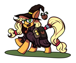 Size: 6000x5000 | Tagged: safe, artist:hymyt2, applejack, pony, g4, bag, female, hat, saddle bag, simple background, solo, tail wrap, transparent background, witch costume, witch hat