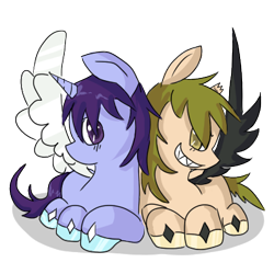 Size: 400x400 | Tagged: safe, artist:ask-pony-gerita, alicorn, pony, broken horn, duo, female, filly, grin, hetalia, hoof polish, horn, ponified, prone, simple background, smiling, transparent background