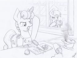 Size: 3120x2380 | Tagged: safe, artist:xeviousgreenii, derpy hooves, dinky hooves, oc, oc:ginger mint, pony, unicorn, g4, atg 2020, cooking, covering ears, high res, implied swearing, knife, magic, male, monochrome, newbie artist training grounds, stallion, traditional art