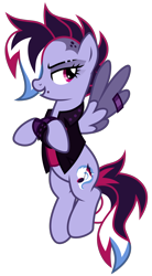 Size: 1550x2800 | Tagged: safe, artist:binakolombina, oc, oc only, oc:brie spacer, pegasus, pony, clothes, crossed arms, eyeshadow, female, flying, jacket, leather jacket, lip piercing, makeup, mare, multicolored hair, piercing, ring, rocker, shirt, simple background, smug, solo, t-shirt, transparent background