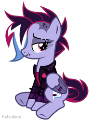 Size: 1900x2510 | Tagged: safe, artist:binakolombina, oc, oc only, oc:brie spacer, pegasus, pony, badge, clothes, female, jacket, leather jacket, lip piercing, mare, multicolored hair, piercing, rocker, shirt, simple background, sitting, solo, t-shirt, transparent background