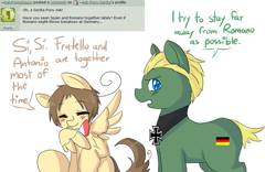 Size: 982x613 | Tagged: safe, artist:ask-pony-gerita, earth pony, pegasus, pony, ask, eyes closed, female, germany, hetalia, italian, italy, jewelry, male, mare, necklace, ponified, simple background, smiling, solo, stallion, white background