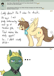 Size: 644x914 | Tagged: safe, artist:ask-pony-gerita, earth pony, pegasus, pony, ..., ask, female, german, hetalia, italy, jewelry, male, mare, messy mane, necklace, ponified, simple background, smiling, solo, stallion, white background