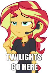 Size: 600x900 | Tagged: safe, artist:famousmari5, edit, editor:drakeyc, sunset shimmer, equestria girls, g4, my little pony equestria girls: better together, my little pony equestria girls: choose your own ending, opening night, opening night: twilight sparkle, caption, clothes, cyoa, director shimmer, female, geode of empathy, headset, image macro, implied lesbian, implied shipping, implied sunsetsparkle, implied twilight sparkle, jewelry, magical geodes, necklace, pants, pointing, pointing at self, simple background, solo, text, transparent background, unamused, vector