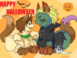 Size: 800x600 | Tagged: safe, artist:ask-pony-gerita, earth pony, pegasus, pony, animal costume, animal ears, ask, clothes, collar, costume, duo, female, germany, happy halloween, hetalia, italy, jewelry, male, mare, necklace, ponified, pumpkin, smiling, stallion