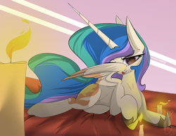 Size: 4339x3359 | Tagged: safe, artist:therealf1rebird, princess celestia, alicorn, pony, g4, bed, bedroom, bedroom eyes, candle, cover, eye, eyelashes, eyes, female, fire, horn, mane, mare, solo, tongue out, wings