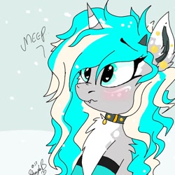 Size: 720x720 | Tagged: safe, artist:_wulfie, oc, oc only, oc:wulfie, pony, unicorn, blushing, bust, chest fluff, collar, female, horn, mare, signature, solo, unicorn oc