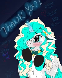 Size: 1200x1503 | Tagged: safe, artist:_wulfie, oc, oc only, oc:wulfie, alicorn, pony, alicorn oc, blushing, chest fluff, clothes, crying, ear piercing, female, glasses, heart, horn, mare, open mouth, piercing, socks, solo, tears of joy, wings