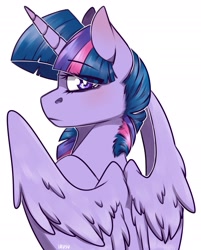 Size: 1559x1937 | Tagged: safe, artist:lrusu, twilight sparkle, alicorn, pony, g4, eye clipping through hair, female, looking back, mare, profile, simple background, solo, spread wings, twilight sparkle (alicorn), white background, wings