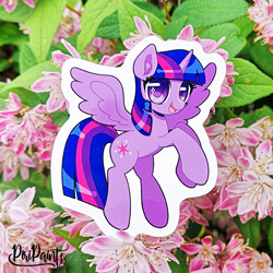 Size: 911x911 | Tagged: safe, artist:piripaints, twilight sparkle, alicorn, pony, g4, chibi, colored pupils, cute, eyes open, female, flying, happy, mare, photo, photography, solo, spread wings, sticker, twiabetes, twilight sparkle (alicorn), wings