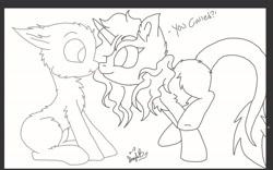 Size: 1920x1200 | Tagged: safe, artist:_wulfie, oc, oc only, earth pony, pony, unicorn, chest fluff, duo, earth pony oc, female, fluffy, horn, leonine tail, lineart, mare, monochrome, signature, smiling, talking, unicorn oc