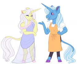 Size: 1024x854 | Tagged: safe, artist:uunicornicc, lily lace, trixie, unicorn, anthro, unguligrade anthro, g4, apron, blouse, clothes, cloven hooves, dress, duo, female, laughing, leonine tail, mare, pants, see-through, simple background, white background