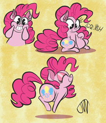 Size: 1022x1185 | Tagged: safe, artist:joeywaggoner, pinkie pie, earth pony, pony, g4, abstract background, adorafatty, chubby, chubby cheeks, cute, diapinkes, eyes closed, fat, female, grin, hoof on chest, looking at you, mare, pac-man eyes, profile, pronking, pudgy pie, signature, sitting, smiling, solo, squishy