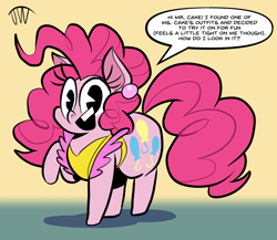 Size: 2830x2461 | Tagged: safe, artist:joeywaggoner, pinkie pie, earth pony, pony, g4, abstract background, apron, chubby, clothes, dialogue, ear piercing, female, gradient background, high res, implied carrot cake, offscreen character, pac-man eyes, piercing, raised hoof, signature, solo