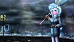 Size: 3840x2160 | Tagged: safe, artist:bloodtoon, trixie, equestria girls, g4, 4k, city, cloud, face mask, high res, panhandling, poor, rain, trixie is poor, umbrella, wind