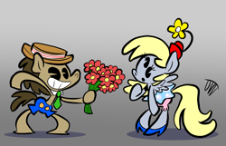 Size: 3049x1960 | Tagged: safe, artist:joeywaggoner, derpy hooves, doctor whooves, time turner, earth pony, pegasus, semi-anthro, g4, arm hooves, bipedal, bloomers, bouquet, clothes, female, flower, gradient background, hat, high heels, high res, male, old timey, pac-man eyes, rubber hose animation, ship:doctorderpy, shipping, shoes, shorts, signature, skirt, smiling, straight, style emulation