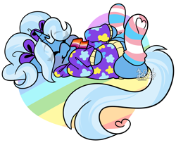 Size: 3500x2888 | Tagged: safe, artist:befishproductions, trixie, pony, unicorn, alternate hairstyle, babysitter trixie, blushing, clothes, cute, diatrixes, eyes closed, female, flag, gameloft, gameloft interpretation, gay pride flag, gender headcanon, heart, hoodie, lesbian pride flag, mouth hold, on back, pigtails, pride, pride flag, pride month, signature, simple background, socks, striped socks, thigh highs, trans female, trans trixie, transgender, transgender pride flag, twintails, white background