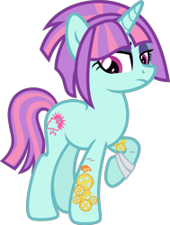 Size: 5000x6606 | Tagged: safe, artist:n0kkun, sunny flare, pony, unicorn, g4, bandage, commission, equestria girls ponified, eyeshadow, female, makeup, mare, ponified, raised hoof, scar, simple background, solo, tattoo, transparent background