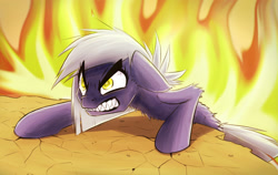 Size: 1965x1242 | Tagged: safe, artist:ikarooz, limestone pie, earth pony, pony, g4, angry, bloodshot eyes, female, fire, mare, sharp teeth, solo, teeth, this will end in death, this will end in tears, this will end in tears and/or death