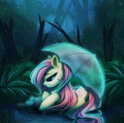 Size: 900x893 | Tagged: safe, artist:cabbage-arts, fluttershy, bird, pegasus, pony, g4, cute, female, lidded eyes, looking at someone, looking down, mare, outdoors, profile, prone, rain, shyabetes, smiling, solo, umbrella