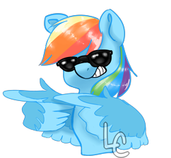 Size: 2500x2300 | Tagged: safe, artist:lightningchaserarts, rainbow dash, pegasus, pony, g4, cool kid, feather fingers, feather guns, female, grin, high res, silly, simple background, smiling, solo, sticker, sunglasses, transparent background, wing hands, wings