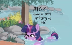 Size: 4096x2566 | Tagged: safe, artist:pucksterv, twilight sparkle, pony, g4, atg 2020, bubble, cheek fluff, cute, female, flower, high res, hot springs, mare, newbie artist training grounds, one eye closed, pun, solo, twiabetes, visual pun, water, wet