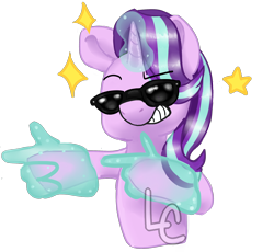 Size: 2500x2300 | Tagged: safe, artist:lightningchaserarts, starlight glimmer, pony, unicorn, g4, cool kid, dumb, eyebrows, eyebrows visible through hair, female, glim glam, glowing, glowing horn, grin, hand, high res, horn, magic, magic aura, magic hands, mare, silly, simple background, smiling, solo, stars, sticker, sunglasses, transparent background