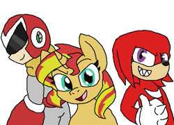 Size: 509x367 | Tagged: safe, artist:cutmantimemanpower, sunset shimmer, echidna, pony, robot, unicorn, g4, crossover, female, knuckles the echidna, looking at you, male, mare, mega man (series), proto man, simple background, sonic the hedgehog, sonic the hedgehog (series), teeth, white background