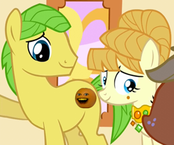 Size: 1296x1080 | Tagged: safe, edit, edited screencap, screencap, applejack, aunt orange, mosely orange, uncle orange, earth pony, pony, g4, my little pony: friendship is magic, the cutie mark chronicles, abomination, annoying orange, cropped, cursed image, duo focus, female, filly, filly applejack, male, mare, oh god no, stallion, this is why we can't have nice things, younger