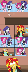Size: 1200x3000 | Tagged: safe, artist:enderboy1908, pinkie pie, rarity, sunset shimmer, equestria girls, g4, barefoot, choking, comic, feet, funny, nail clipper, this already ended in pain, toenails, vine, water bottle