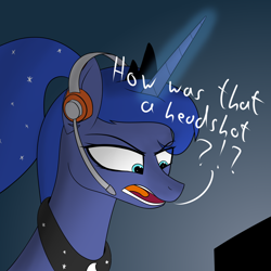 Size: 2000x2000 | Tagged: safe, artist:ngnir, princess luna, alicorn, pony, gamer luna, g4, angry, atg 2020, bust, dialogue, exclamation point, female, headset, high res, magic, mare, newbie artist training grounds, open mouth, ponytail, portrait, question mark, solo, telekinesis