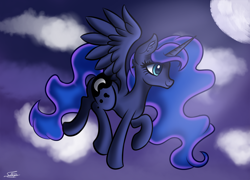 Size: 1500x1080 | Tagged: safe, artist:sadtrooper, princess luna, alicorn, pony, g4, female, flying, mare, night, solo