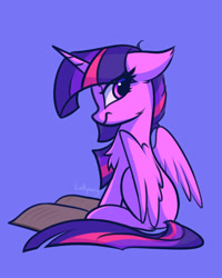 Size: 800x1000 | Tagged: safe, artist:lollipony, twilight sparkle, alicorn, pony, annoyed, atg 2020, blue background, book, chest fluff, female, floppy ears, frown, looking at you, looking back, looking back at you, mare, newbie artist training grounds, reading, simple background, sitting, solo, twilight sparkle (alicorn), twilight sparkle is not amused, unamused