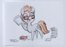 Size: 1200x864 | Tagged: safe, artist:dawnfire, oc, oc only, oc:sigmath bits, earth pony, pony, book, commission, glasses, solo, traditional art