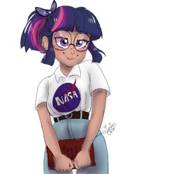 Size: 995x1003 | Tagged: safe, artist:ask-sunpie, artist:wimsie, twilight sparkle, human, tumblr:ask sunpie, g4, belt, blushing, book, clothes, dark skin, dork, ear piercing, earring, female, glasses, humanized, jeans, jewelry, nasa, pants, piercing, shirt, signature, simple background, smiling, solo, white background