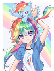 Size: 1356x1800 | Tagged: safe, artist:aruba, artist:ikupom_twi, color edit, edit, editor:michaelsety, rainbow dash, human, pegasus, pony, equestria girls, g4, anime, colored, cute, dashabetes, female, human coloration, human ponidox, light skin, light skin edit, looking at you, open mouth, ponies riding humans, pony hat, rainbow, redraw, riding, self ponidox, self riding, skin color edit, square crossover