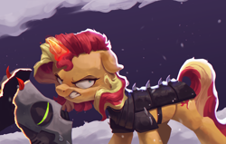 Size: 4000x2550 | Tagged: safe, artist:vanillaghosties, sunset shimmer, pony, unicorn, g4, angry, armor, atg 2020, ears back, female, gritted teeth, helmet, magic, mare, mask, newbie artist training grounds, solo, sombra soldier