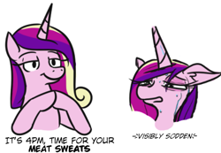 Size: 661x457 | Tagged: safe, artist:jargon scott, princess cadance, alicorn, pony, g4, dick flattening, female, floppy ears, hooves together, mare, meat sweats, meme, self paradox, simple background, sweat, white background