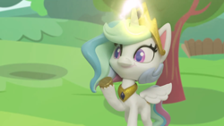 Size: 1920x1080 | Tagged: safe, screencap, princess celestia, alicorn, pony, g4.5, my little pony: stop motion short, the great race (short), crown, duckery in the comments, female, jewelry, magic, magic aura, mare, raised hoof, regalia, smiling, solo, stop motion, tree, wings