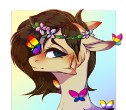 Size: 1637x1427 | Tagged: safe, artist:sweetmelon556, oc, oc only, oc:fianna, butterfly, pony, bisexual pride flag, bust, female, mare, portrait, pride, pride flag, solo