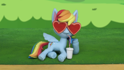 Size: 1920x1080 | Tagged: safe, screencap, rainbow dash, pegasus, pony, g4.5, my little pony: stop motion short, the great race (short), cup, drinking, drinking straw, female, grass, mare, paper cup, relaxing, solo, stop motion, sunglasses, wings